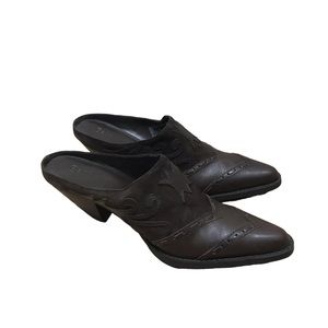 Bass Sonora Suede Leather Dark Brown APPLIQUÉS WESTERN Mules Shoes Boots 9M New